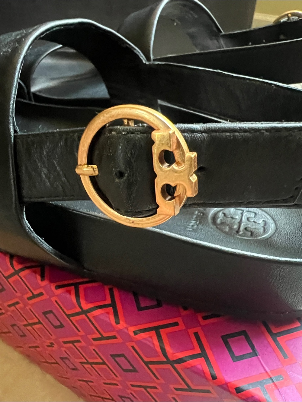 Tory Burch Black Leather Double-Strap Sport Sandals with Gold Buckles Size 11 - Picture 3 of 6